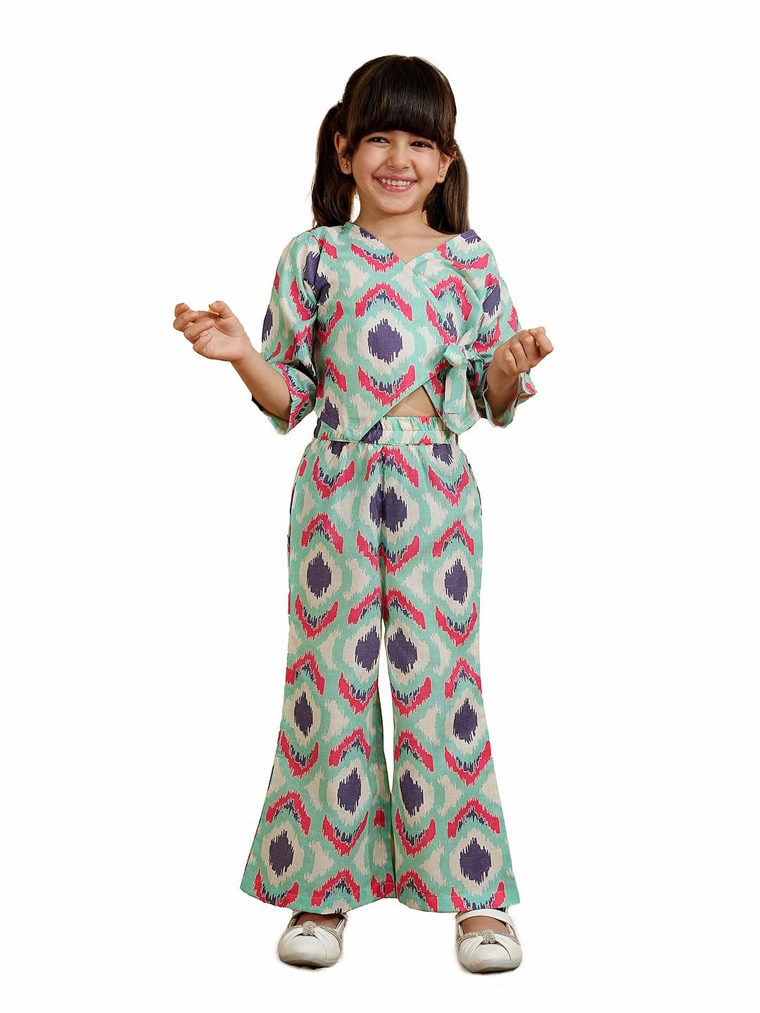 AJ DEZINES Kids Cotton 3/4th Sleeve Co-ords Set for Girls - Casual Outfit | Vacation Wear | Beach Dress | Abstract Printed Top and Bottom Set for girls - Regular Fit