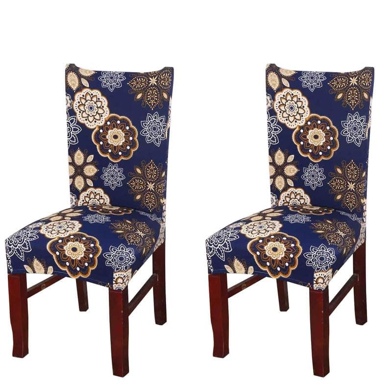 Styleys Polyester Stretchable Washable Elastic Chair Seat Case Protector, Slipcover Dining Chair Covers (Set of 2, SD08, Blue Geometry Flower)