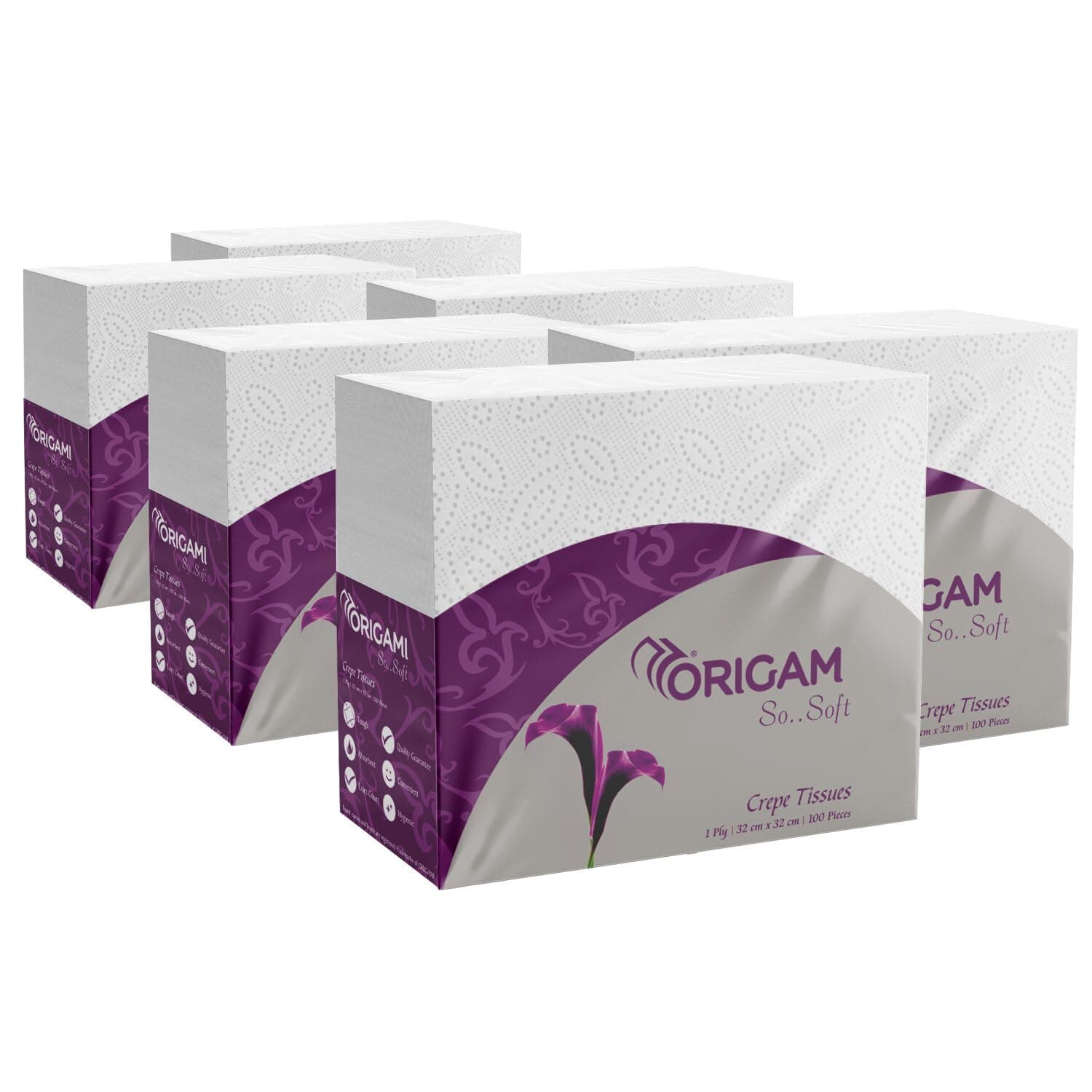 Origami So Soft Crepe Tissues for Table Top | Tough & Highly Absorbent Plain Napkins | Food Contact Safe for Snacks, Parties & Daily Use,White color | Pack of 6 (100 Pulls Each, 600 Sheets)
