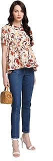 Kazo Printed Boxy Pelplum Top Beige