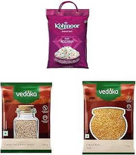 Kohinoor Feast Rozana Basmati Rice, 5 kg || Amazon Brand - Vedaka Whole Jeera (Cumin), 200g || Amazon Brand - Vedaka Popular Unpolished Toor Dal | 1 Kg