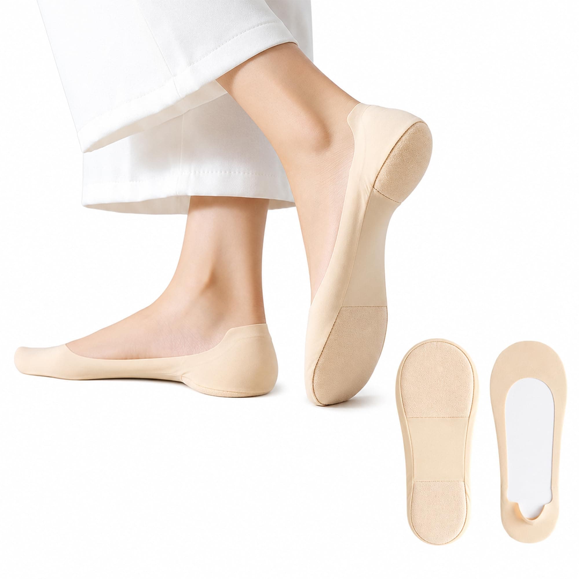 Belanto Padded No Show Socks for Women, Invisible Low Cut Cushioned with Metatarsal Forefoot Pain Relief Pads, Breathable and Non Slip Boat Socks for Flats, Heel, Sneaker and Loafers - 2 Pair, Beige