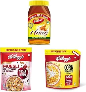 Dabur Honey – 1.2kg, Kellogg's Muesli Fruit Nut & Seeds 750G and Kellogg's Corn Flakes Original 1.2kg/1.15kg