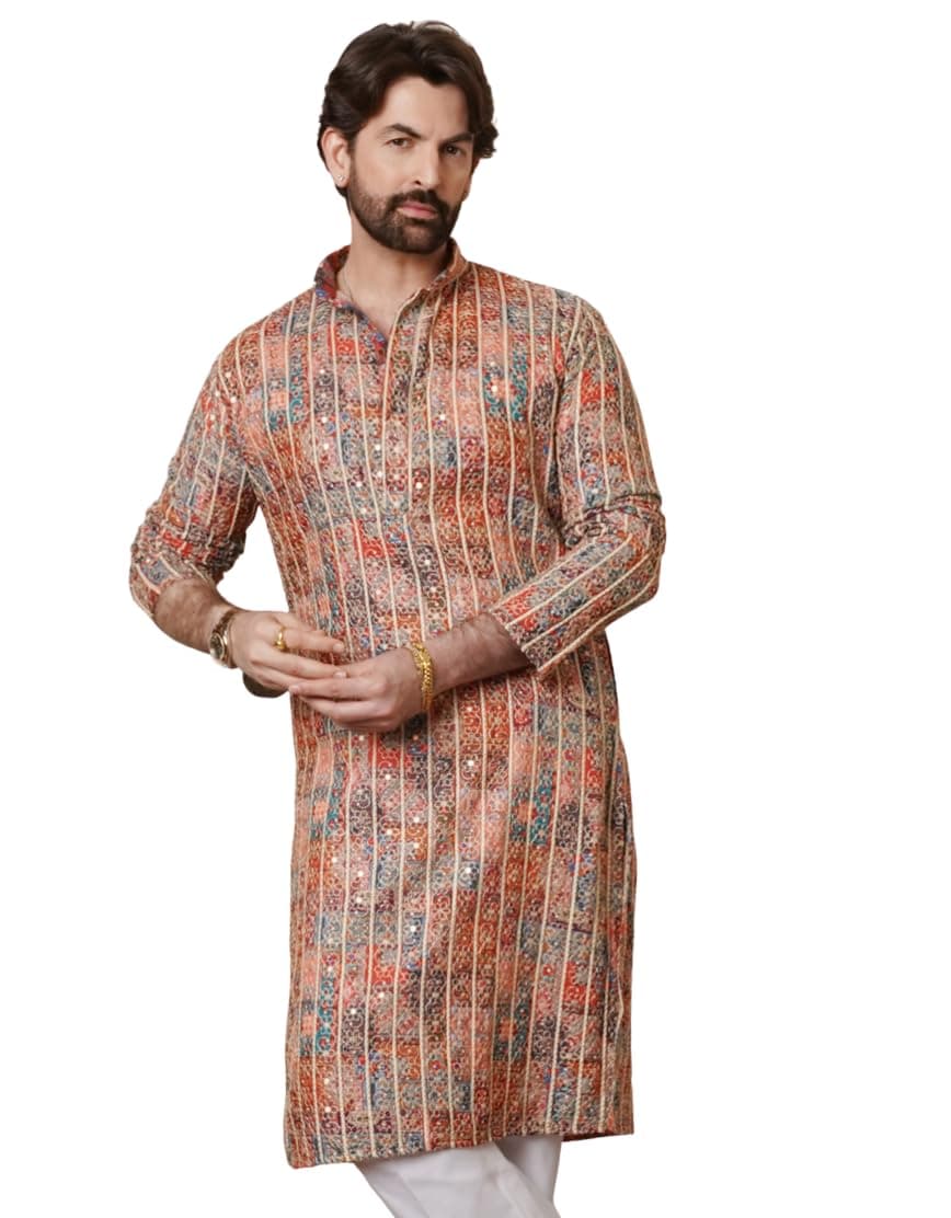 SOJANYA (Since 1958 Men's Cotton Gold Thread Embroidered Long Kurta