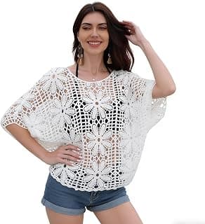 SANNIDHI Plus Size Crochet Tops for Woman Cotton Knit Blouse Beach Cover Up Top Swimsuit Coverup for Women Hollow Out Floral Summer Pullover T-Shirt for Casual Vacation (Loose Fit)