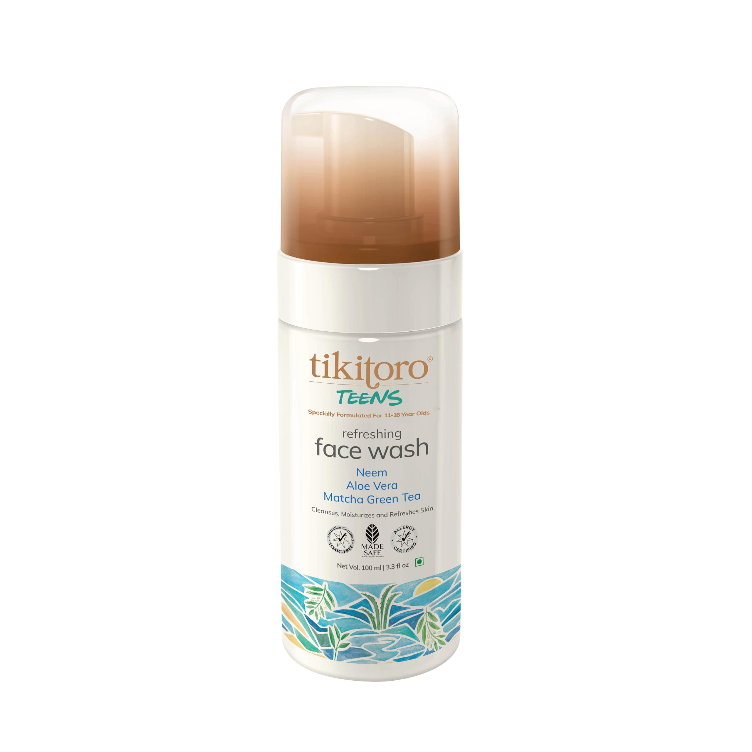 Tikitoro Teens Refreshing Face Wash 100% Vegan Neem, Aloe Vera, Matcha Green Tea Extract, Cleanses & Refreshes, No Parabens & Sulphates, All Skin Types (Age: 11+) (100ml x of 1)