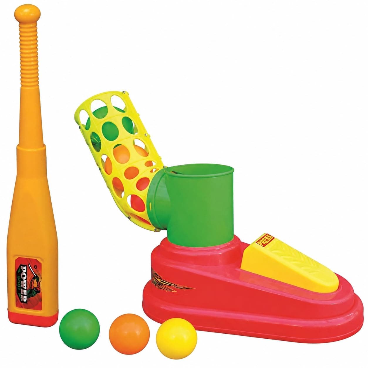 Goyals Automatic Plastic Pitcher Power Shot Base Ball Game Unbreakable Includes 1 Bat 3 Balls for Age 3 Years & Above | Foot Pedal Launcher Training Toy - Red & Yellow