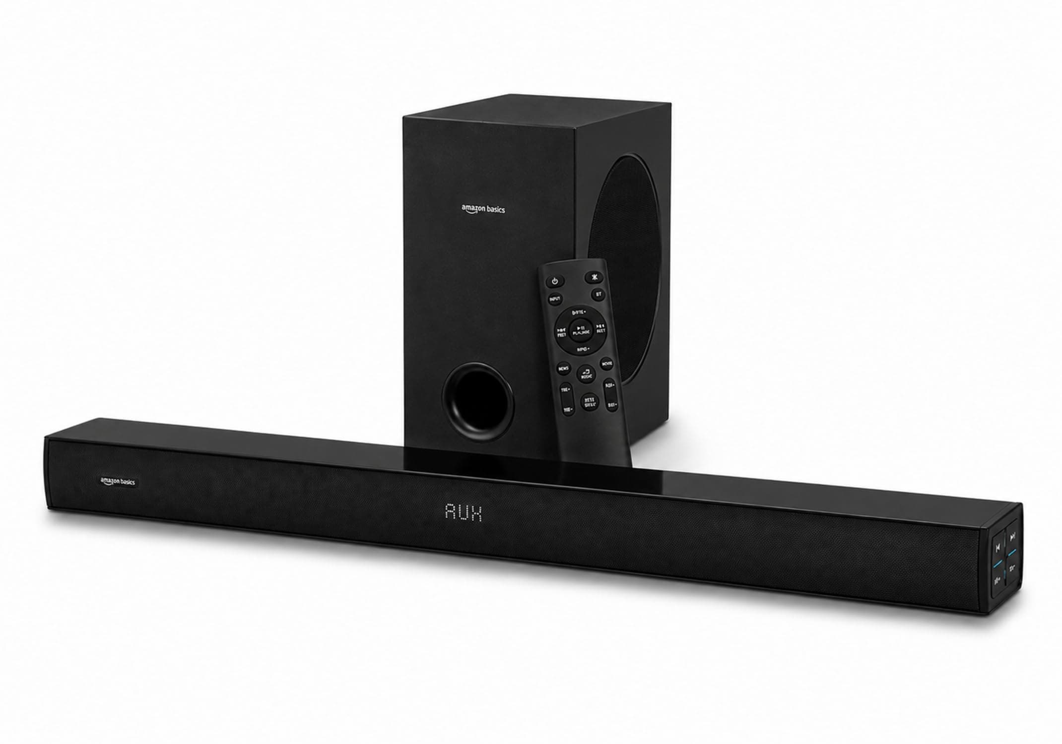 amazon basics 160W Soundbar with Subwoofer, 2.1 Channel Sound System for TV, 6.5" Bass Driver, HDMI ARC, Optical, Bluetooth 5.3, USB, AUX, Remote Control, Black