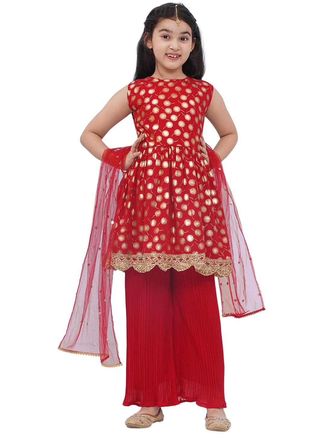AJ DEZINES Kids Ethnic Wear Motif Foil Printed Frock Style Salwar Suit Set For Girls With Dupatta