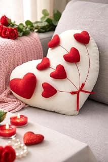 SARO Decorative Heart Cushion with 3D Red Hearts – Valentine Gift Pillow (14×14) | Premium Heart Shape Love Cushion for Sofa & Bed