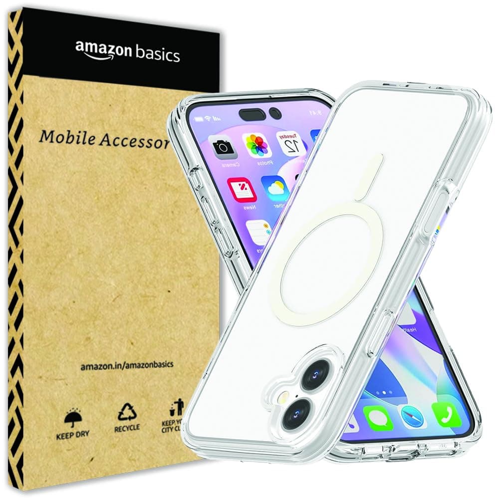 amazon basics Pro Hybrid Magnetic Charging Case for iPhone 16 Plus | All-Round Protection | Scratch-Resistant (Transparent)