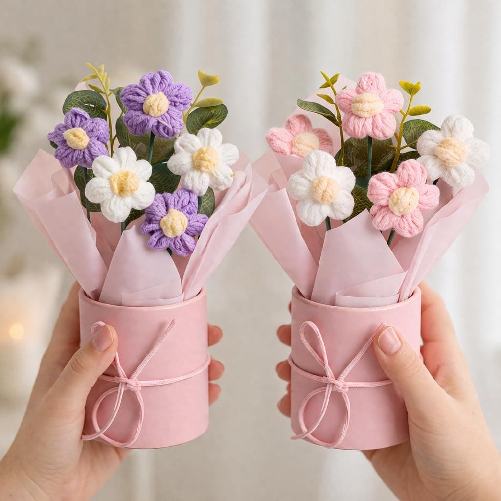 AEROSTARK Set of 2 Pink & Purple Crochet Flower Bouquet – Handmade Mini Knitted Daisy Flowers| Flowers for Home Decor, Desk Decor, Birthday