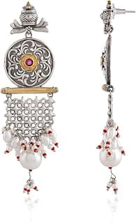 VOYLLA Silver Oxidised Dangler Earrings for Women - Antique Elegance | Pearl Drop Statement Ethnic Jhumka Style Long Earrings | Traditional Jewelry | Gift for Women on Wedding & Festive Occasions