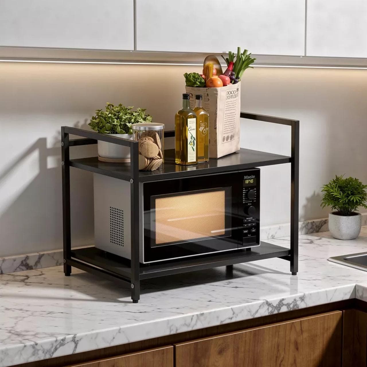 wow craft Heavy Duty Metal Microwave Stand (Black) | 2-Tier Kitchen Countertop Storage Rack for Oven, Air Fryer & Pantry | Space Saving Multi-Purpose Organizer Shelf (64×40×51 cm)