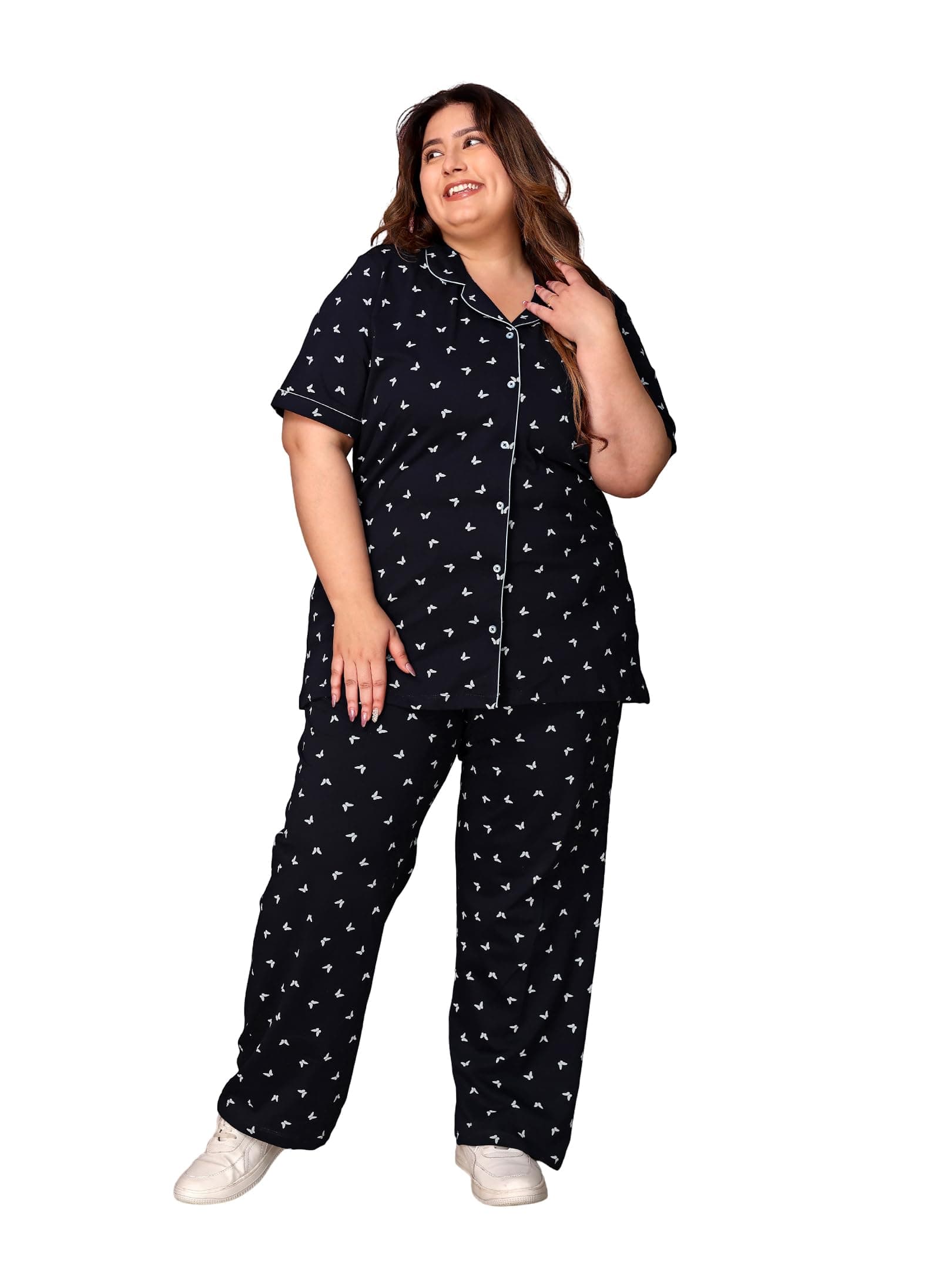 TITTLI Women Pure Cotton Printed Nightsuit, Relaxed Fit Plus Size, Short Sleeve Shirt & Pyjama Set, Breathable Comfort, with Pockets