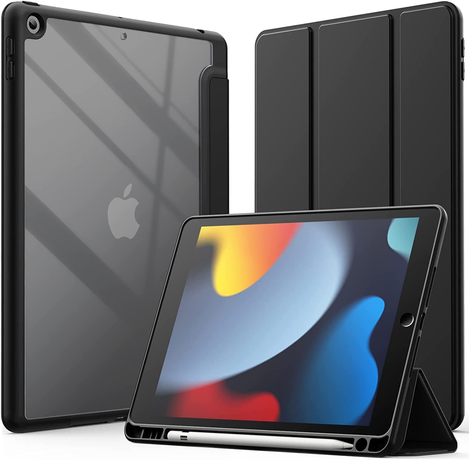 ProElite Smart Flip Case Cover for Apple iPad 10.2 inch 2021 9th/8th/7th Gen, Clear Soft Back with Pencil Holder, Black