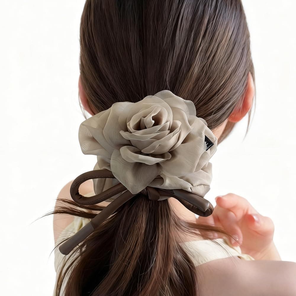 Melodio French Style Organza Flower Bow Scrunchie for Women, Elegant Mesh Hair Tie for Ponytail or Bun, Soft Brown Large Hair Elastic Band for Girls and Ladies