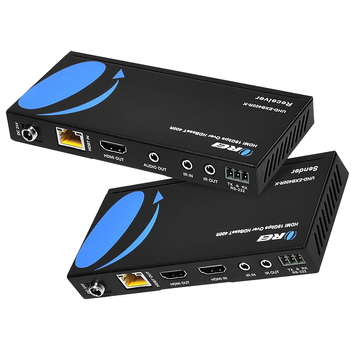 Orei 4K HDMI Over Ethernet Extender Balun - HDBaseT UltraHD 4K @ 60Hz 4:4:4 CAT5e/6/7 Cable with HDR, CEC & IR Control, RS-232 Up to 400 Ft Loop Out POC Audio Out (UHD-EXB400R-K)