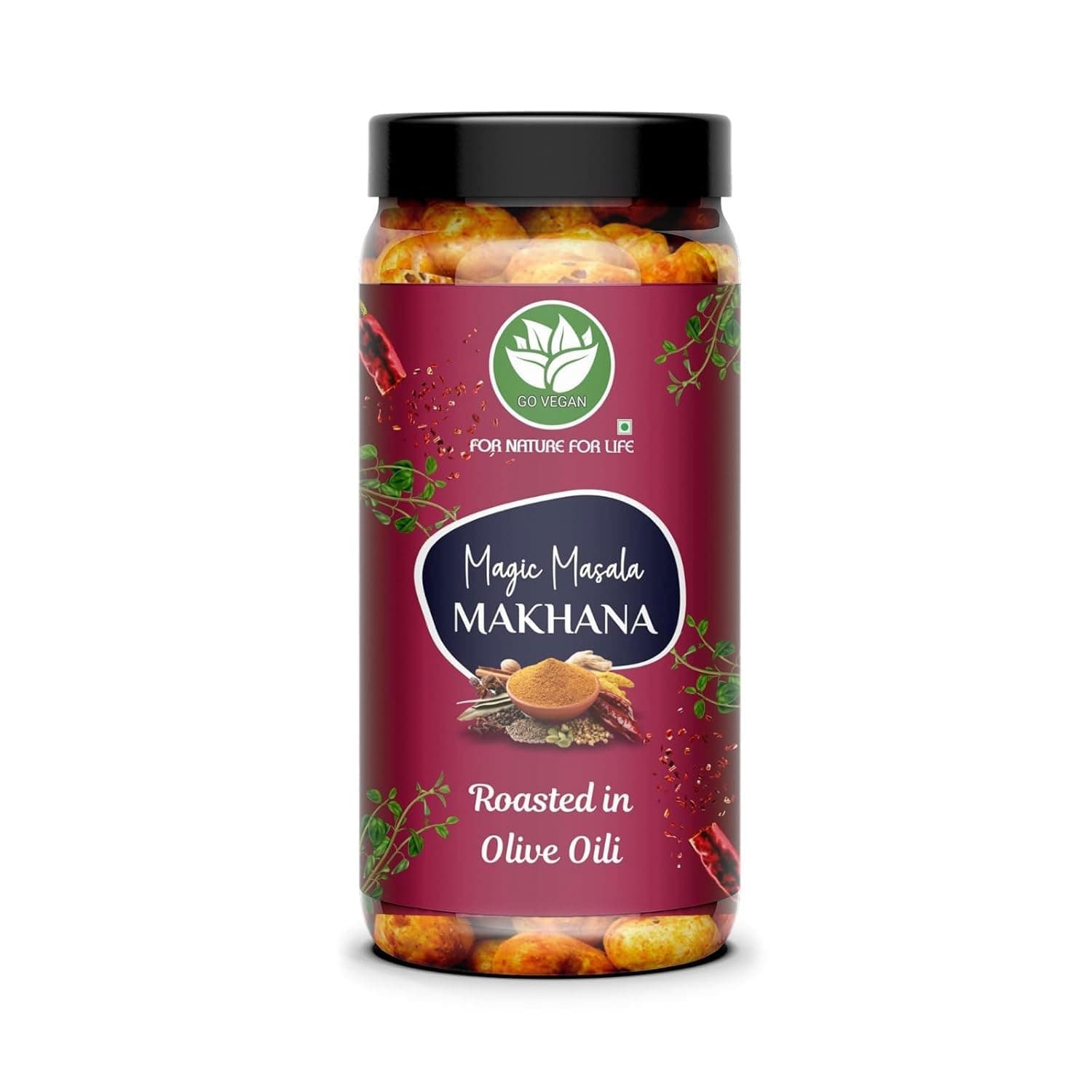 Go Vegan Organic Roasted & Flavoured Makhana | Healthy Snacks | Gluten Free | MSG Free | Antioxidant | Rich Calcium | Zero Trans Fat | Foxnut 100g Jar (Magic Masala)