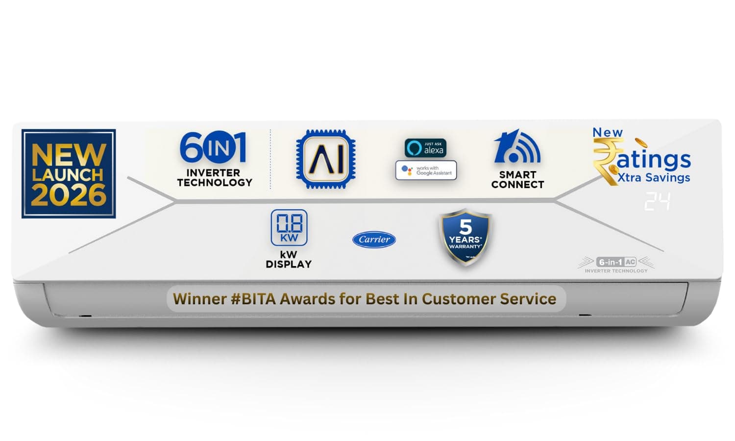 Carrier 2 Ton 3 Star, New Star rated, Wi-Fi Smart Flexicool Inverter Split AC (Copper, Convertible 6-in-1 with Wi-Fi with Geo-Fencing,Smart Energy Display,New star Rating, ESTER EDGE Gxi WiFi-CAI24EE3R36W0, White)