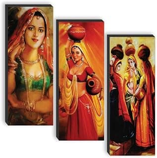 SAF paintings set of 3 Traditional Rajasthani Woman UV textured self adeshive wall painting for home decoration SANF-SJ1