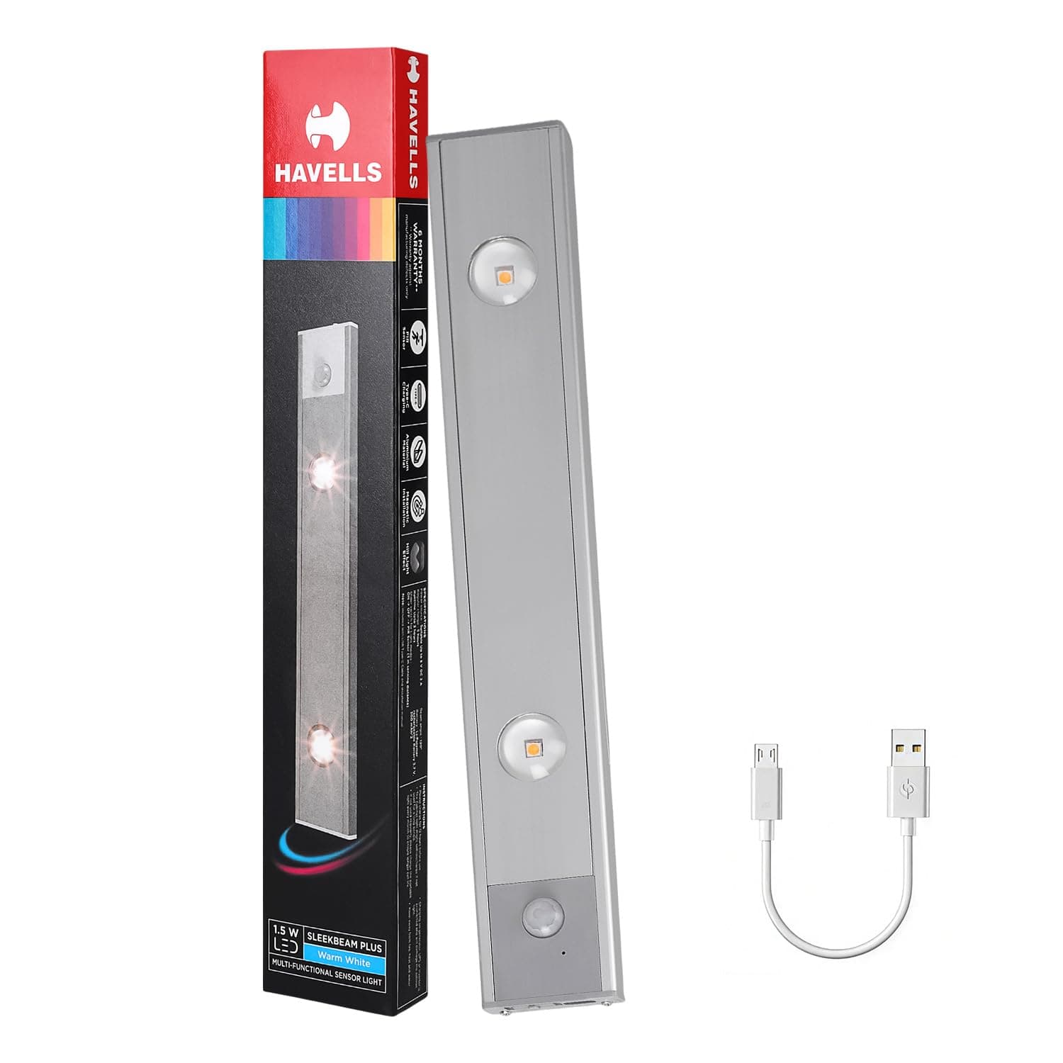 Havells SLEEKBEAM Plus 260MM 1.5W Rechargeable Motion Sensor LED Light for Wardrobe, Closet, Cabinet, Kitchen, Under Stairs, Drawer, Shelf, Garage, Quick Magnetic Self Installation| Type-C Charging