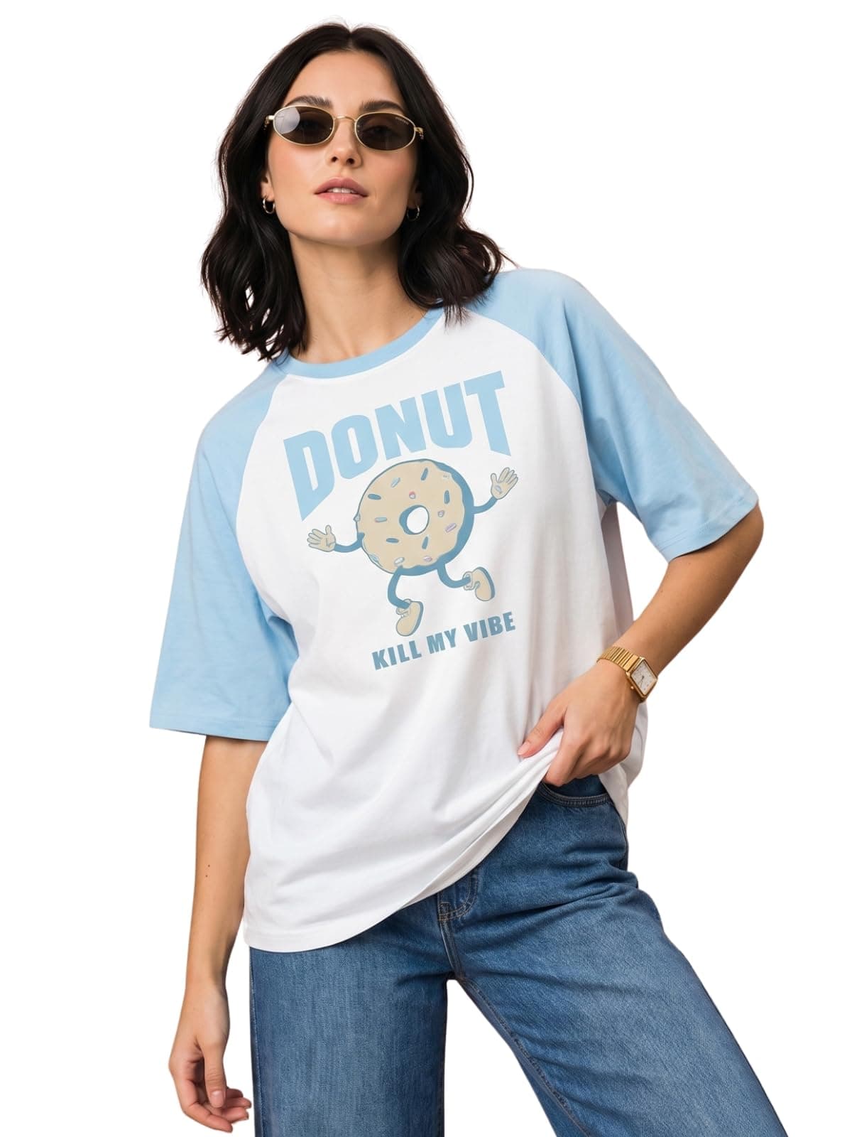 JUNEBERRY® 100% Pure Cotton Oversized Fit Drop Shoulder Graphic Printed Raglan Sleeves Boyfriend T-Shirt for Women (Sizes: S to 2XL)