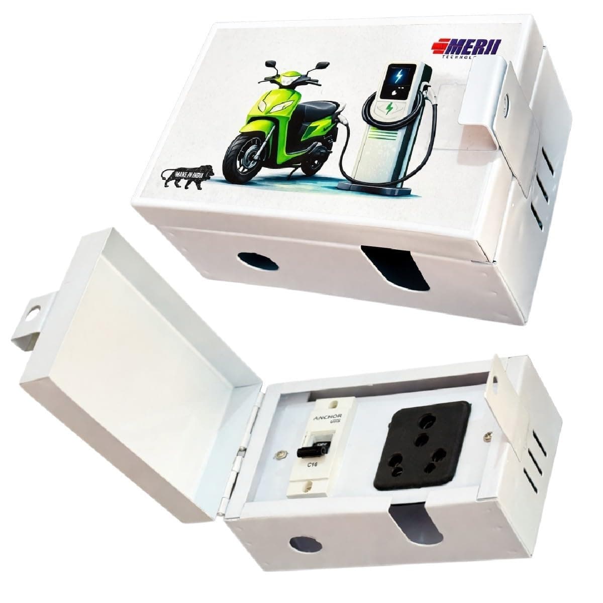 MERU ENGINEERS EV Charging Box with MCB & 16A Socket | Wall Mount Metal Enclosure for Electric Scooter & EV Charging | Weather-Resistant, Lockable | (Small)
