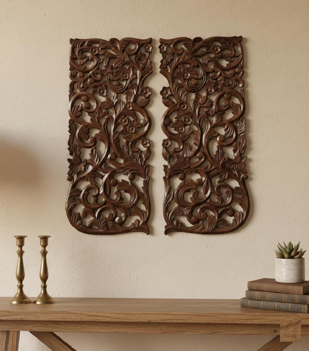 VAS Collection Home Floral MDF Wall Decoration Panel, Wall Decoration Hanging, Wood Carving Wall Decoration Panel for Living Room, Bedroom, Hallway, Office (12" Inch X 27" Inch (Walnut)