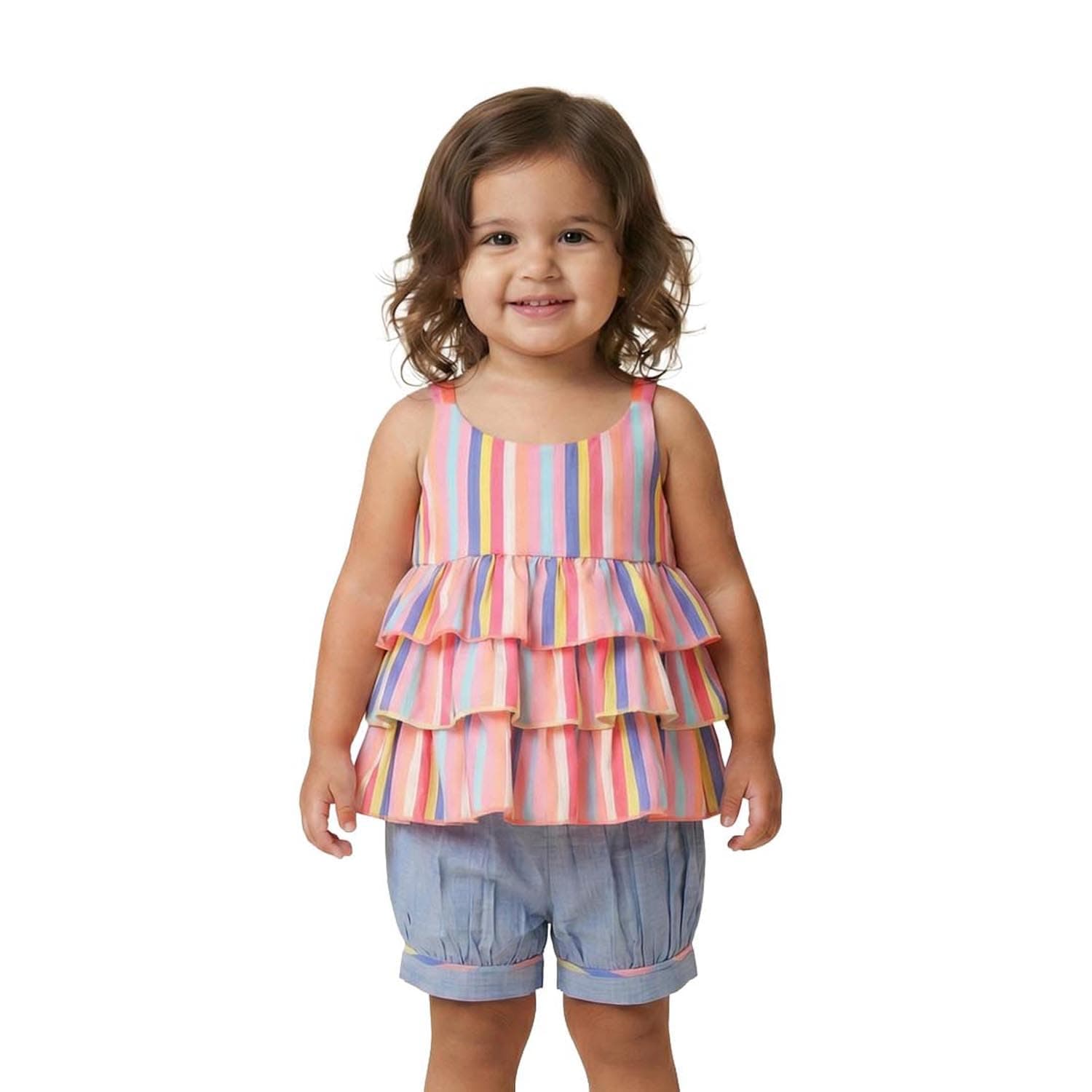 Nautinati Baby Girls Printed Strappy Tiered Top with Shorts Clothing Set | Age 0-3 Years