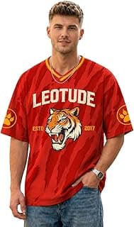 LEOTUDE Men’s Tiger Graphic Printed Oversized T-Shirt | Bold Red Sports Jersey Style Tee | V-Neck Half Sleeve Casual Streetwear for Men's (Color:Red)