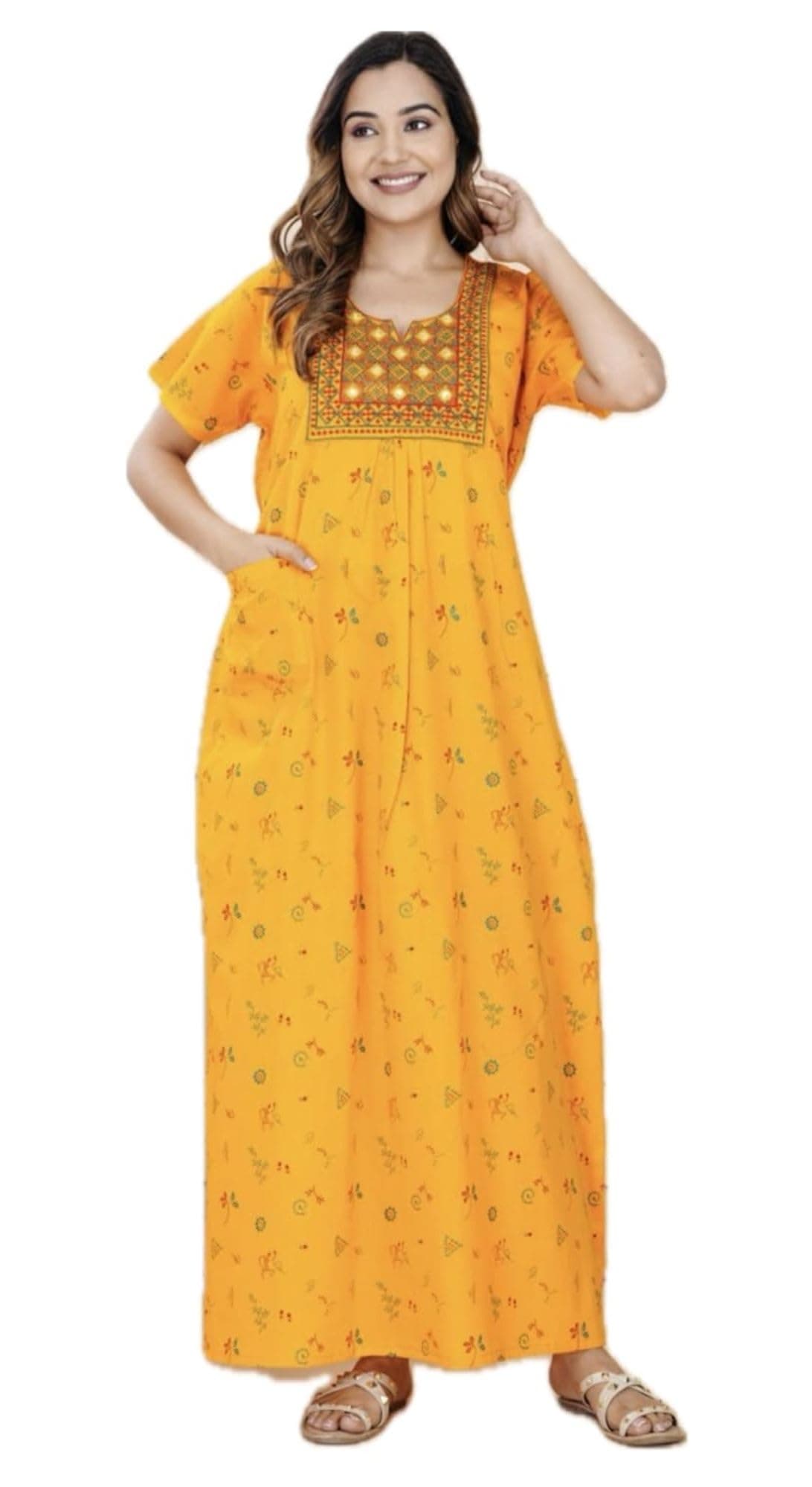 DIAMO Pure Cotton Embroidery Nighty for Women, Cotton Night Gown, Night Maxi Gown, Cotton Nighty with a Pocket and Adjustable Knot
