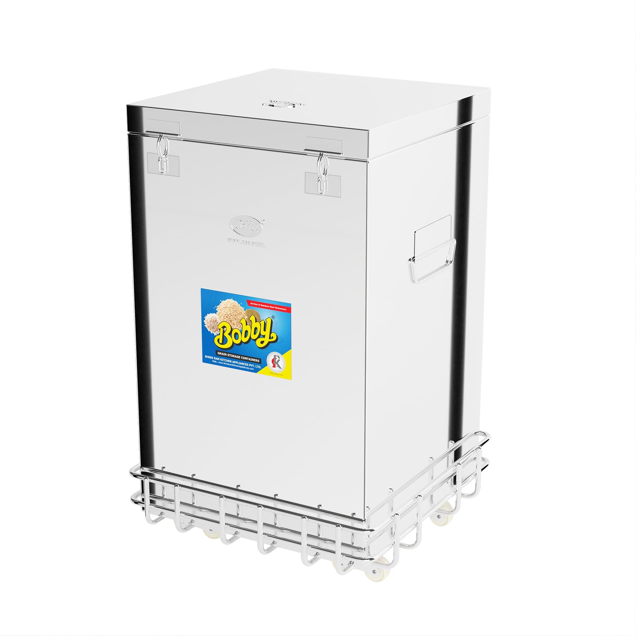 BOBBY® 100 Kg Stainless Steel Grain Storage Big Containers With S.S. Trolley (100 KG CONTAINER WITH TROLLEY), Silver