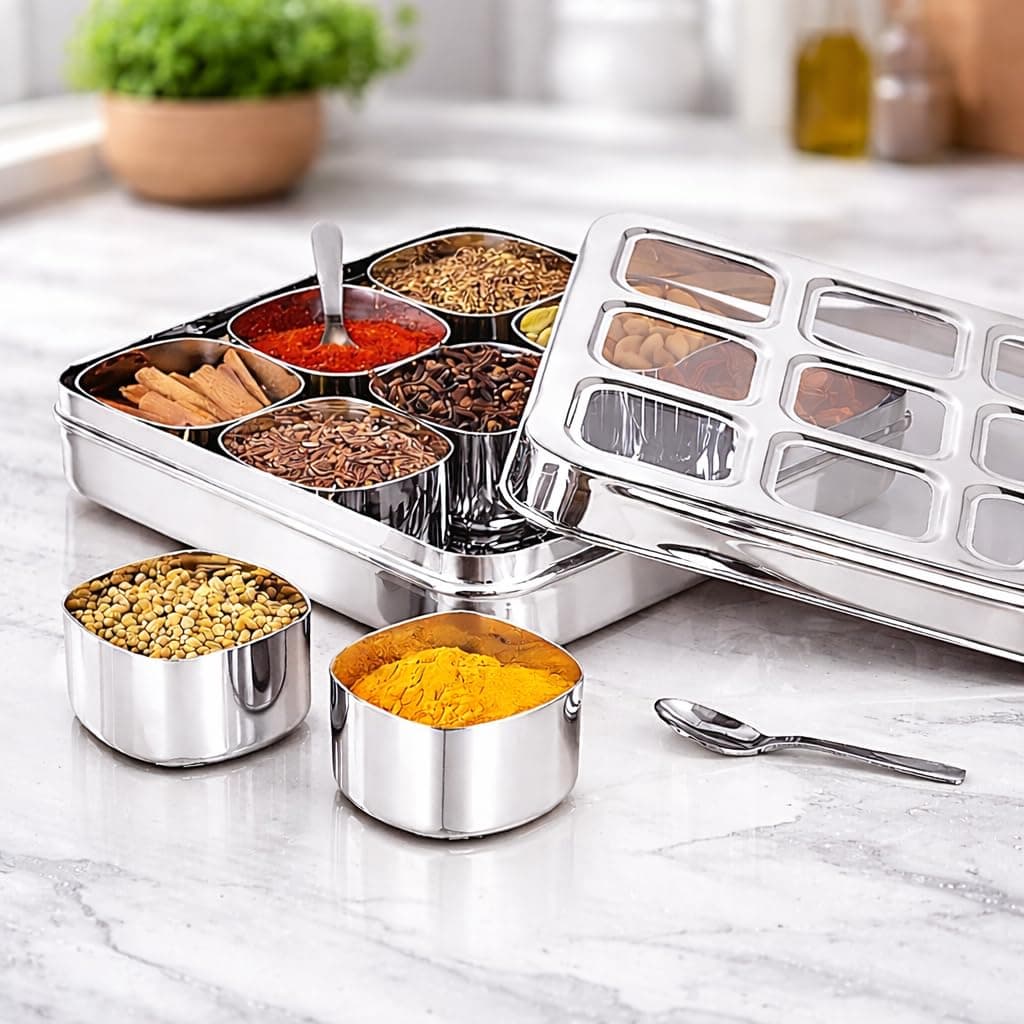 STEEPLE ® 9 In 1 Square Stainless Steel Spice Box|Organiser with 9 Compartment|Popula Dabba|Square Masala Dani for Kitchen|Rust Resistant See-Through Lid with Unbreakable Acrylic Sheet,Design,Silver