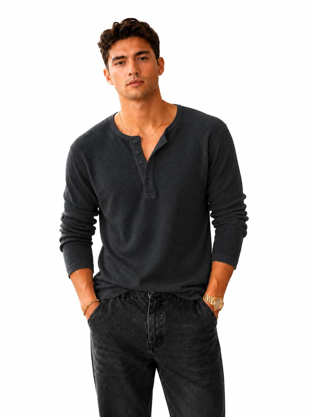 NETCLICK Men's Textured Fabric Solid Half-Open Collar T-Shirt | Full Sleeve, Casual