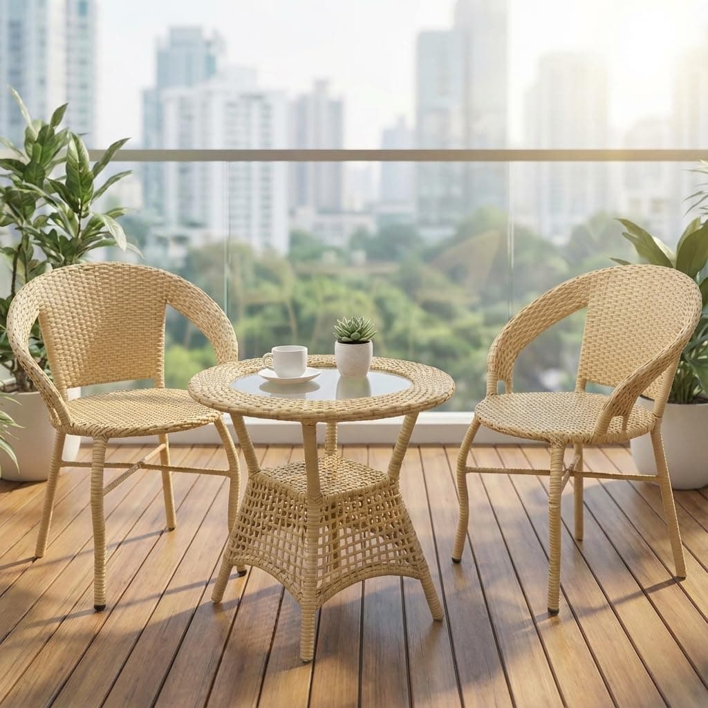 LOCCUS 3 Piece Outdoor Patio Bistro Set, All-Weather Rattan Wicker Furniture with Glass Top Coffee Table, Chairs for Garden Backyard Balcony Porch Poolside ? Beige
