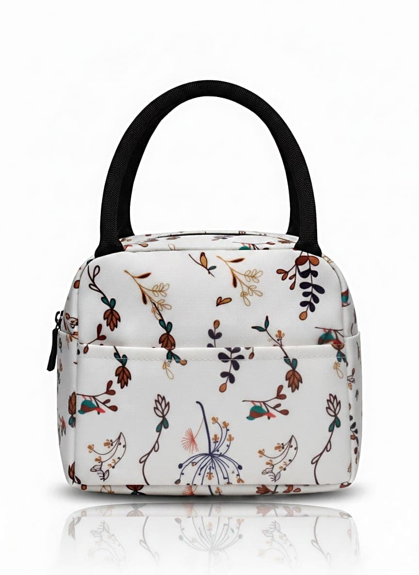 NISHI Insulated Lunch Bag with Handle, White Floral Print, Zipper Closure, Tote Style, for Work and School