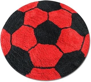 THE HOME TALK Football Design Kids Cotton Round Bathmats | Shaggy Rugs | Bright Colour | Carpet for Kid's Room, Play Area, Kindergarten, Nursery School | Cotton (Red, 60 CM Round)