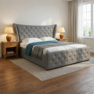 MODESTY WOODS Pearl Upholstered King Size Bed with Box Storage for Bedroom | Elegant Wooden Double Bed with Storage | Platform Cot Palang with Tufted Headboard | 6.5 x 6 Ft | Sheesham Wood | Grey