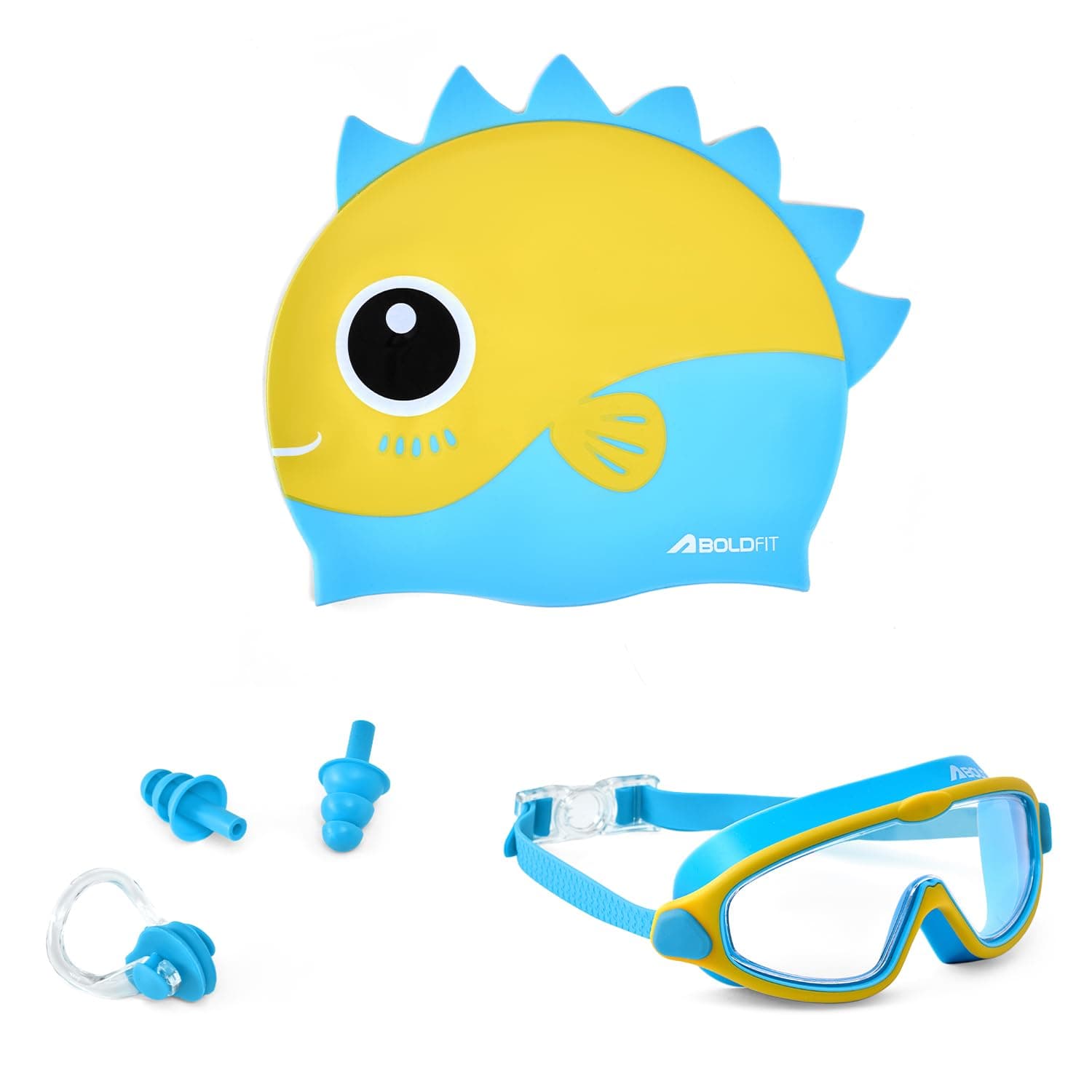 Boldfit Dino Theme Kids Swimming Set, 5-in-1 Combo with Silicone Swim Cap, Anti-Fog Adjustable Goggles, Earplugs & Nose Clip, Leak-Proof, Comfortable & Durable Swim Kit for Boys & Girls