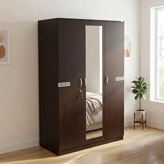 Nilkamal Riva 3 Door Wooden Wardrobe with Mirror for Bedroom | Almirah with 7 Shelves, 2 Hanging Rods, 1 Lockable Drawer | Clothes Cupboard | Engineered Wood | Wenge