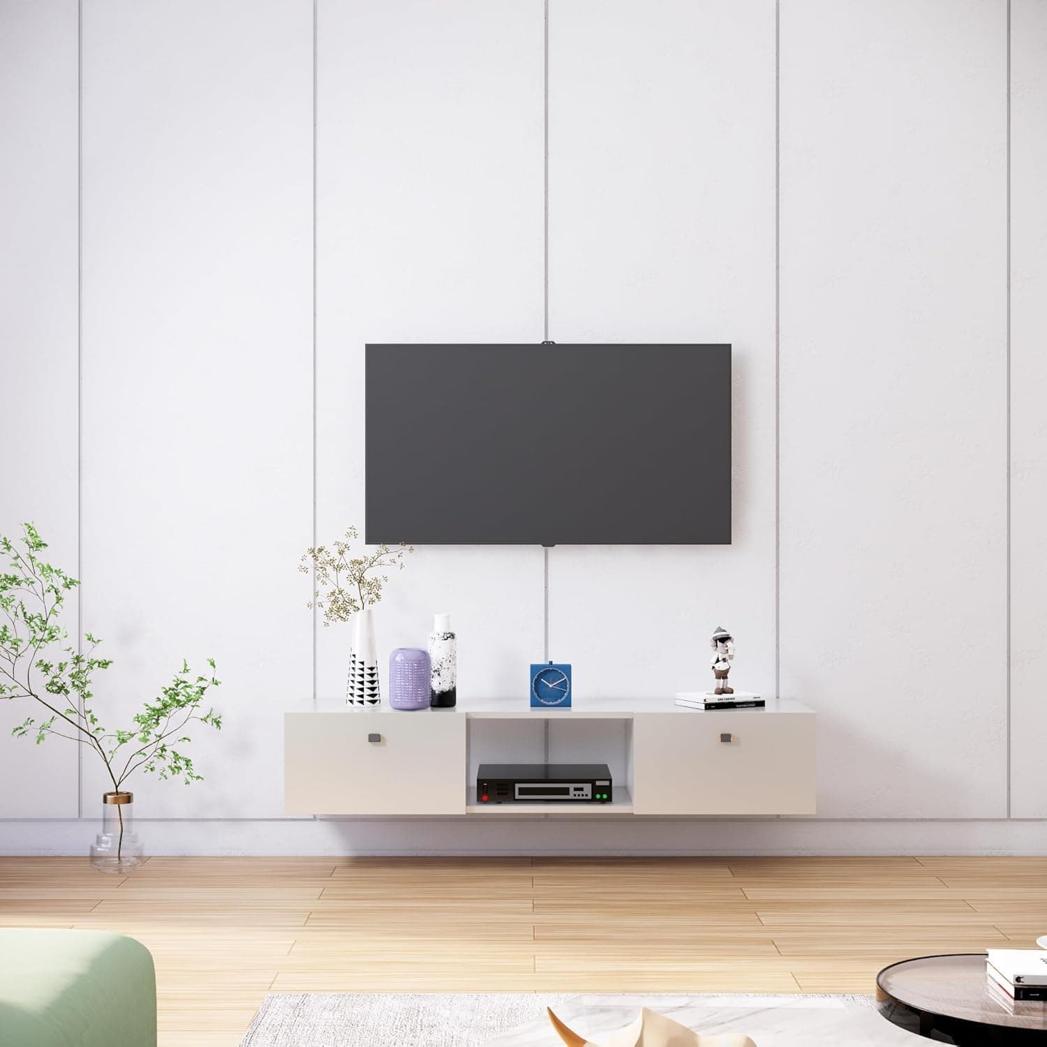 Bniture TV Unit for Living Room 30 to 65 Inch, Engineered Wood TV Unit Wall Mounted Entertainment Unit 2 Drawer & Shelves with Set Top Box Stand Storage for Books & Décor for Bedroom (Frosty White)