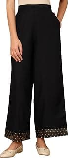 W for Woman Black Solid Rayon Parallel Pants with Embellished Organza Hemline