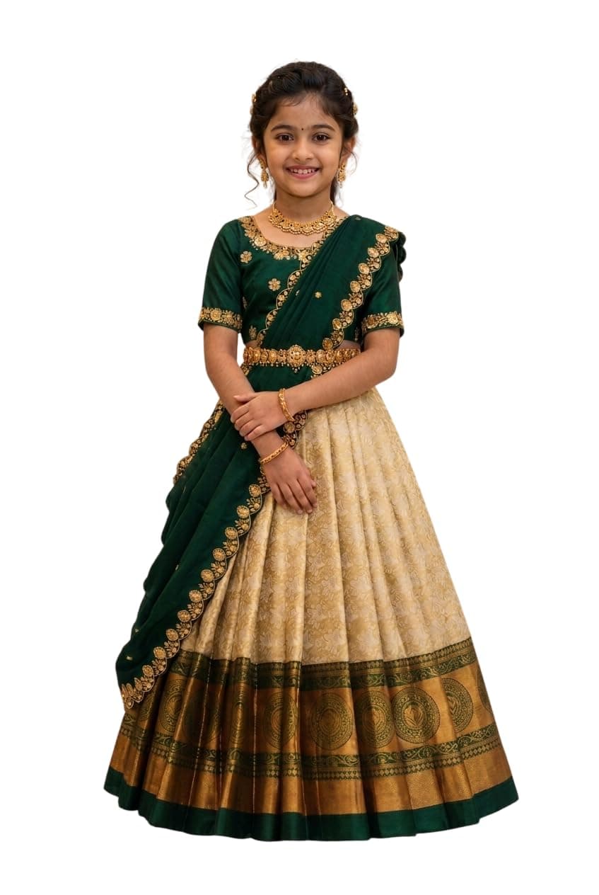 White Button New latest half Saree South Indian Langa Voni pattu pavadai lehenga choli for girls