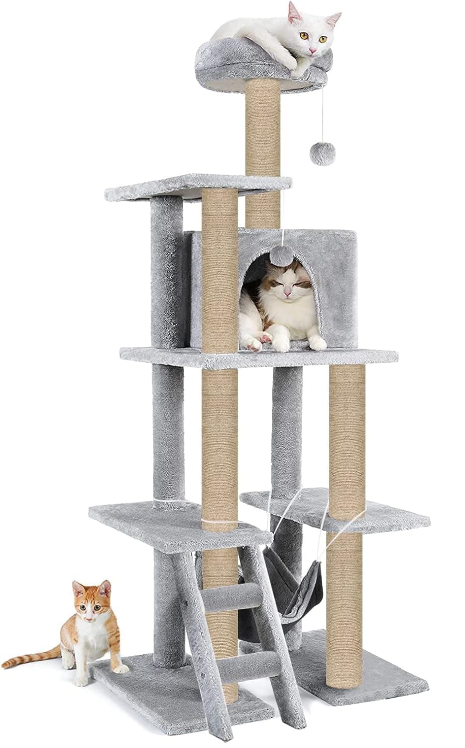 FURRLOVERS Multi-Storey Fur Fabric Kitten Cat Tree - Stairs | Hammock | Condo | Top Perch | Furry Balls | Scratching Posts (Height 60 Inch) (Grey - FURR-57)