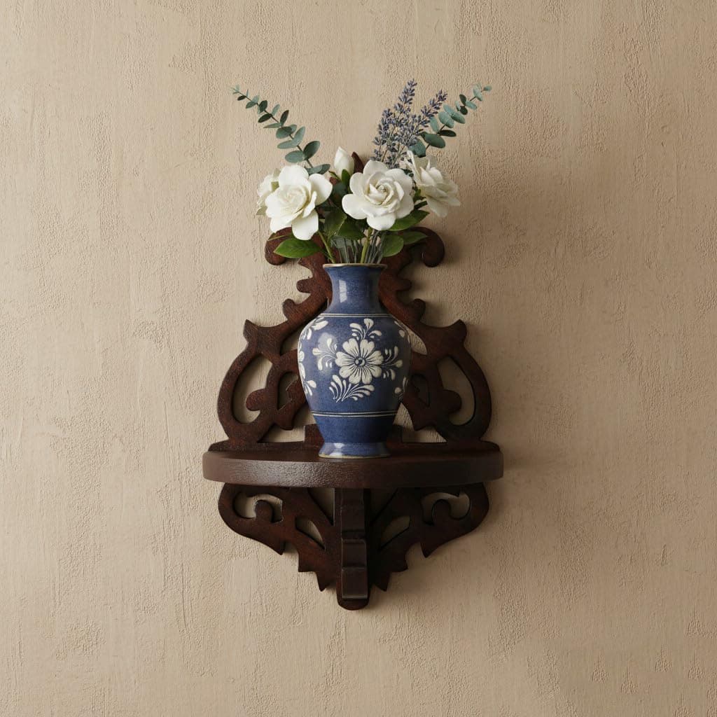 Adan's Homes Shelf Wooden Wall Mounted Walnut Color 30 x 12 X 13 CM Pack of One French Country Style Elegantly Floral Hand Crafted for Home and Office Decor AHSLF27BR