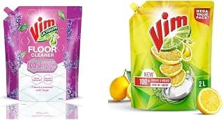 VIM Floor Cleaner: 1.8L | French Lavender with Sage | 100% Removal of stains for complete clean fl | Vim Fresh Lemon Fragrance Dishwash Liquid Gel 2L Refill Pack|| Leaves No Residue|| Grease Cleaner