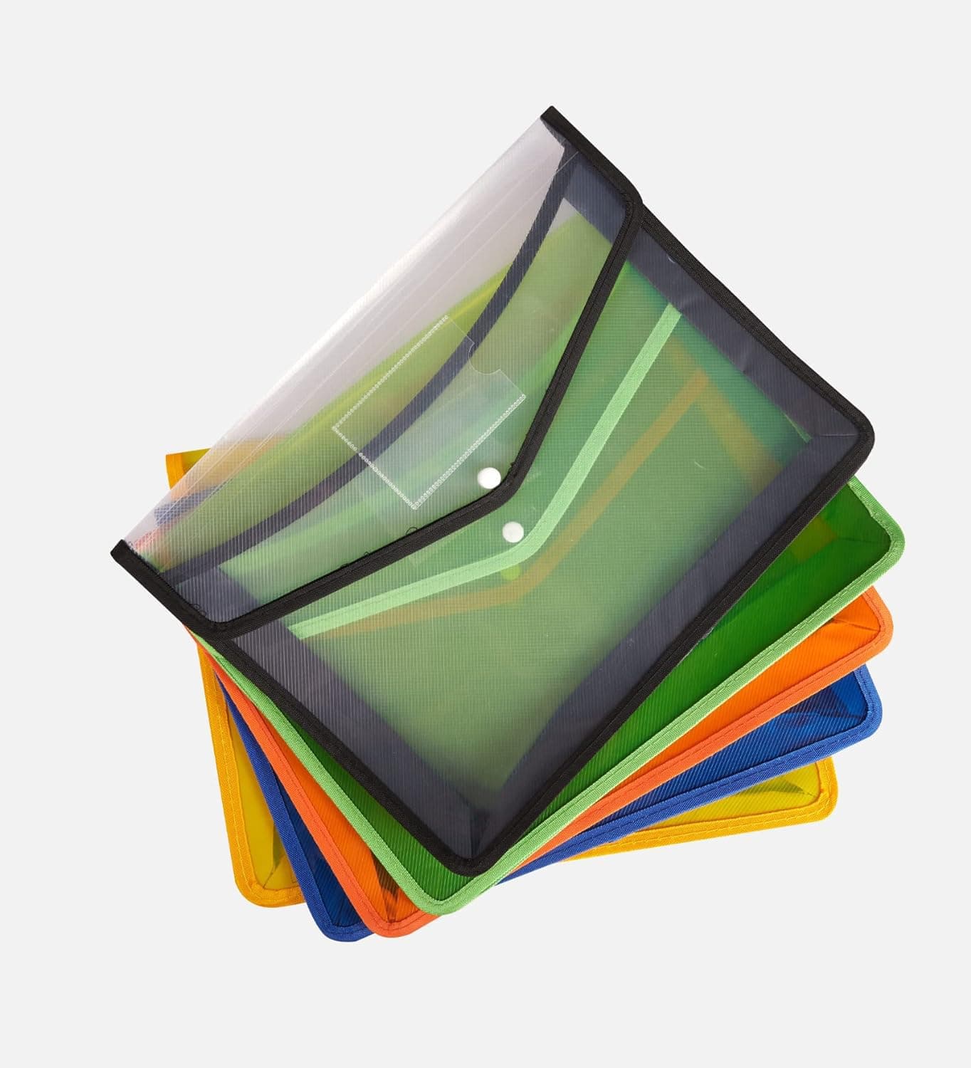 Amazon Brand - Solimo Transparent File Folder Set with Button Lock for A4 Size Documents (Pack of 5) (Multi-Colour)