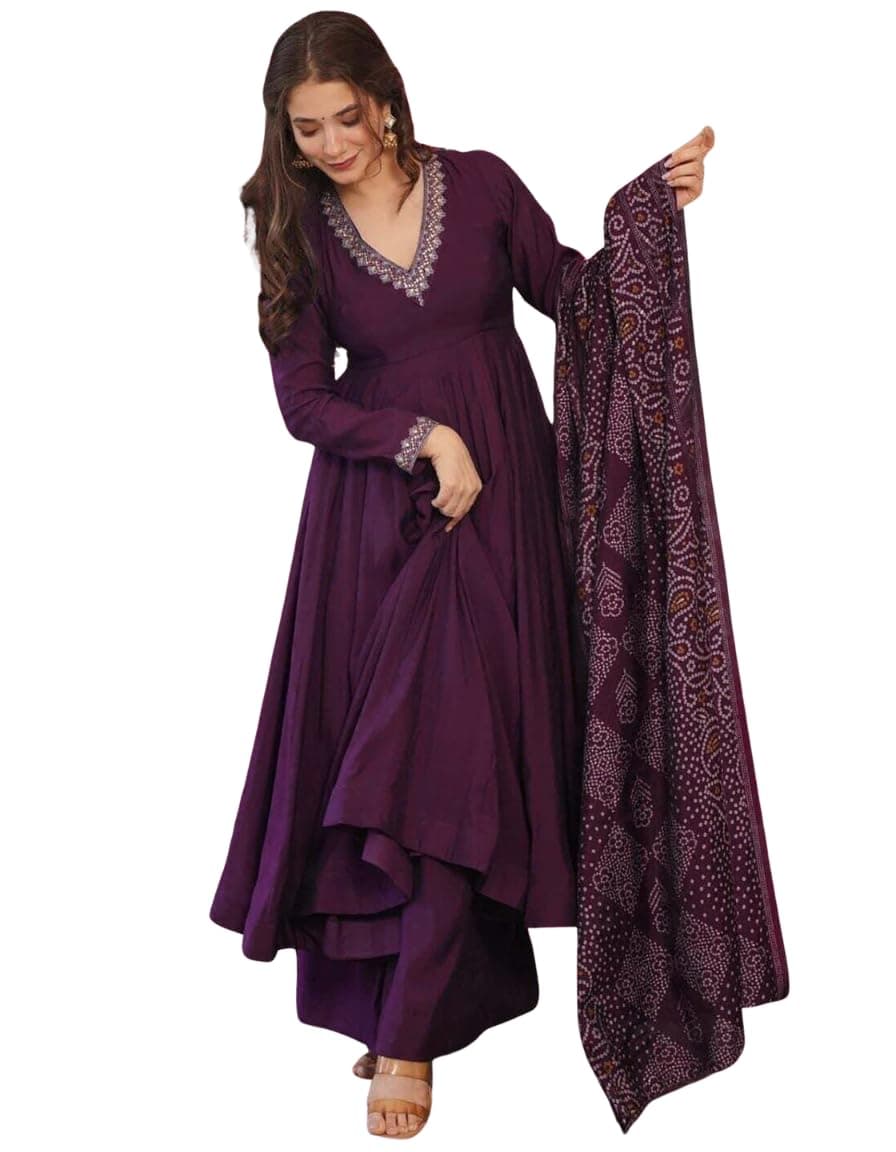 Women Purple Taara Anarkali Palazzo Dupatta Set | Embroidered Vichitra Anarkali Suit for Women | Festive Party-Wear Ethnic Kurta Set with Chanderi Dupatta(DF-1-TAARA)
