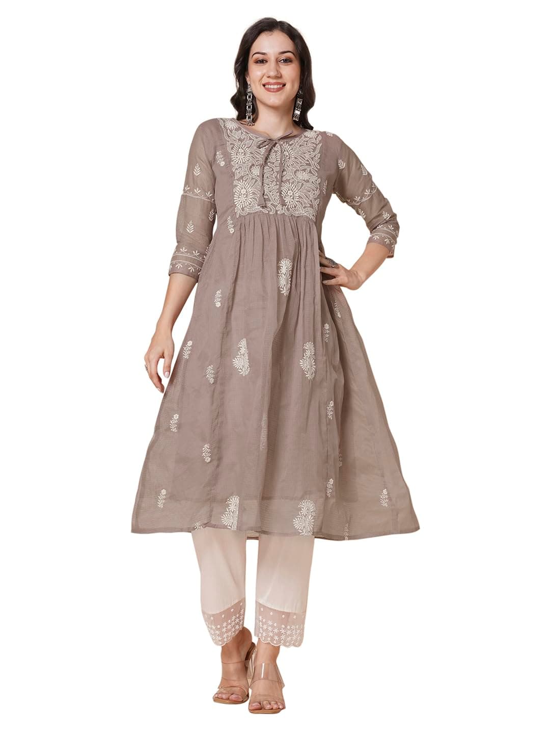 RATAN Women's Muga Cotton Flared Lucknowi Chikankari Ethnic Wear Kurta